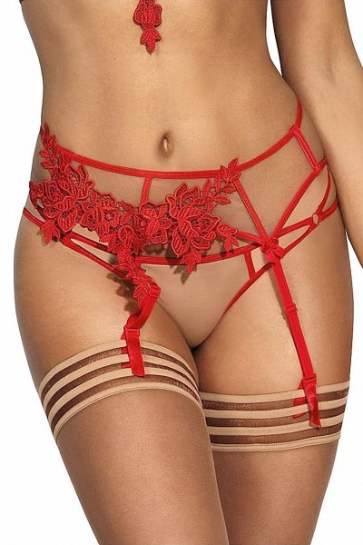 Reggicalze in tulle beige e ricamo rosso V-8862