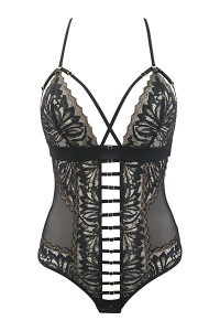 Body perizoma nero in tulle e pizzo V-10100