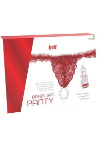 Slip brasiliano rosso con anello in perle e lubrificante alla fragola