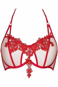 Reggiseno in tulle beige e ricamo rosso V-8861